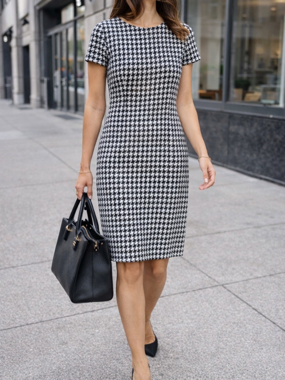 Calvin Klein Houndstooth Sheath Dress Sz 6 Black White Work Office Classic VGUC